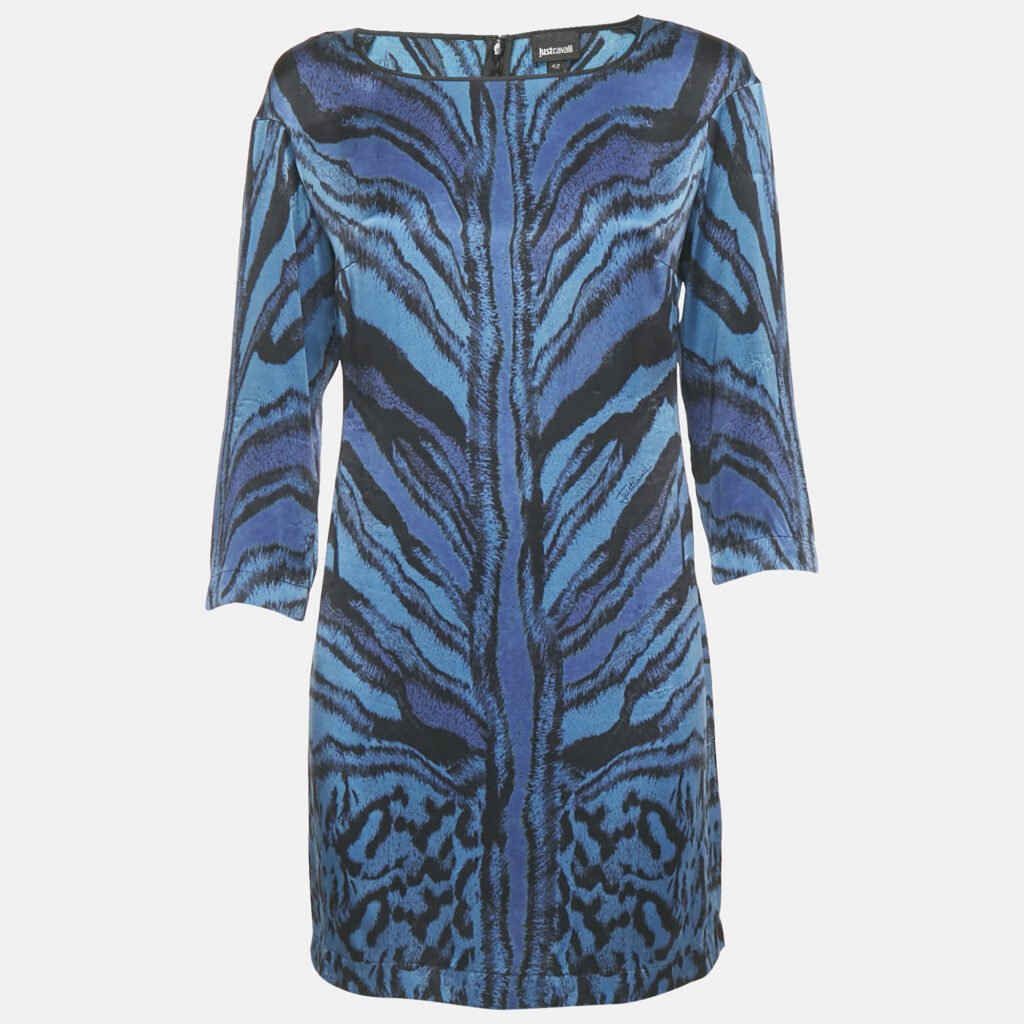Just Cavalli Blue Animal Print Silk Long Sleeve Mini Dress M Just Cavalli Blue Animal Print Silk Long Sleeve Mini Dress M