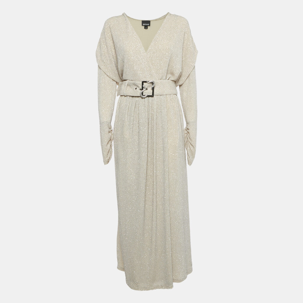 Just Cavalli Cream Lurex Knit Belted Maxi Dress L Just Cavalli Cream Lurex Knit Belted Maxi Dress L