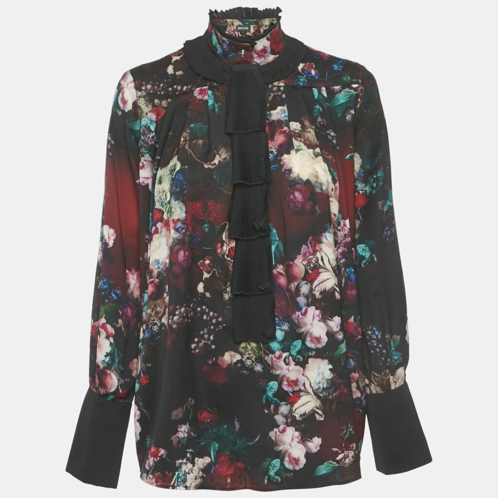Just Cavalli Black Floral Print Satin Ruffled Top M