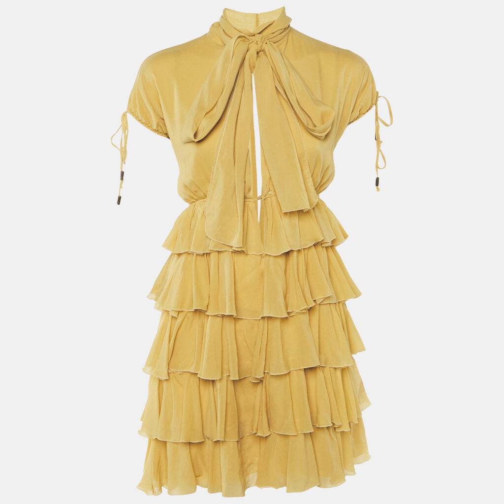Just Cavalli Yellow Silk Tiered Mini Dress M Just Cavalli Yellow Silk Tiered Mini Dress M