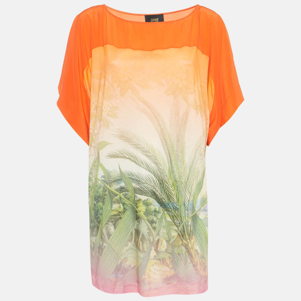 Just Cavalli Orange Printed Silk and Jersey T-Shirt M Just Cavalli Orange Printed Silk and Jersey T-Shirt M