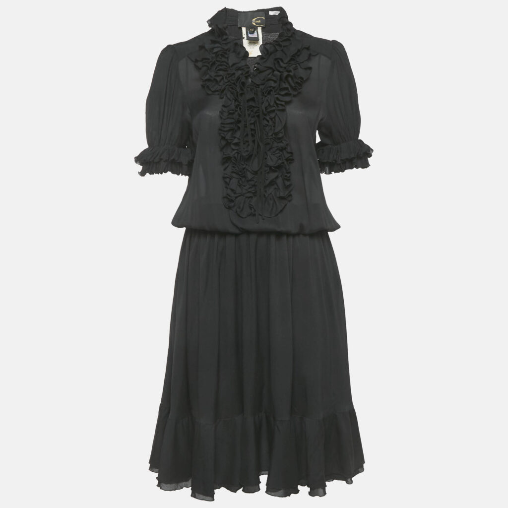 Just Cavalli Black Crepe Frill Detail Sheer Midi Dress M Just Cavalli Black Crepe Frill Detail Sheer Midi Dress M