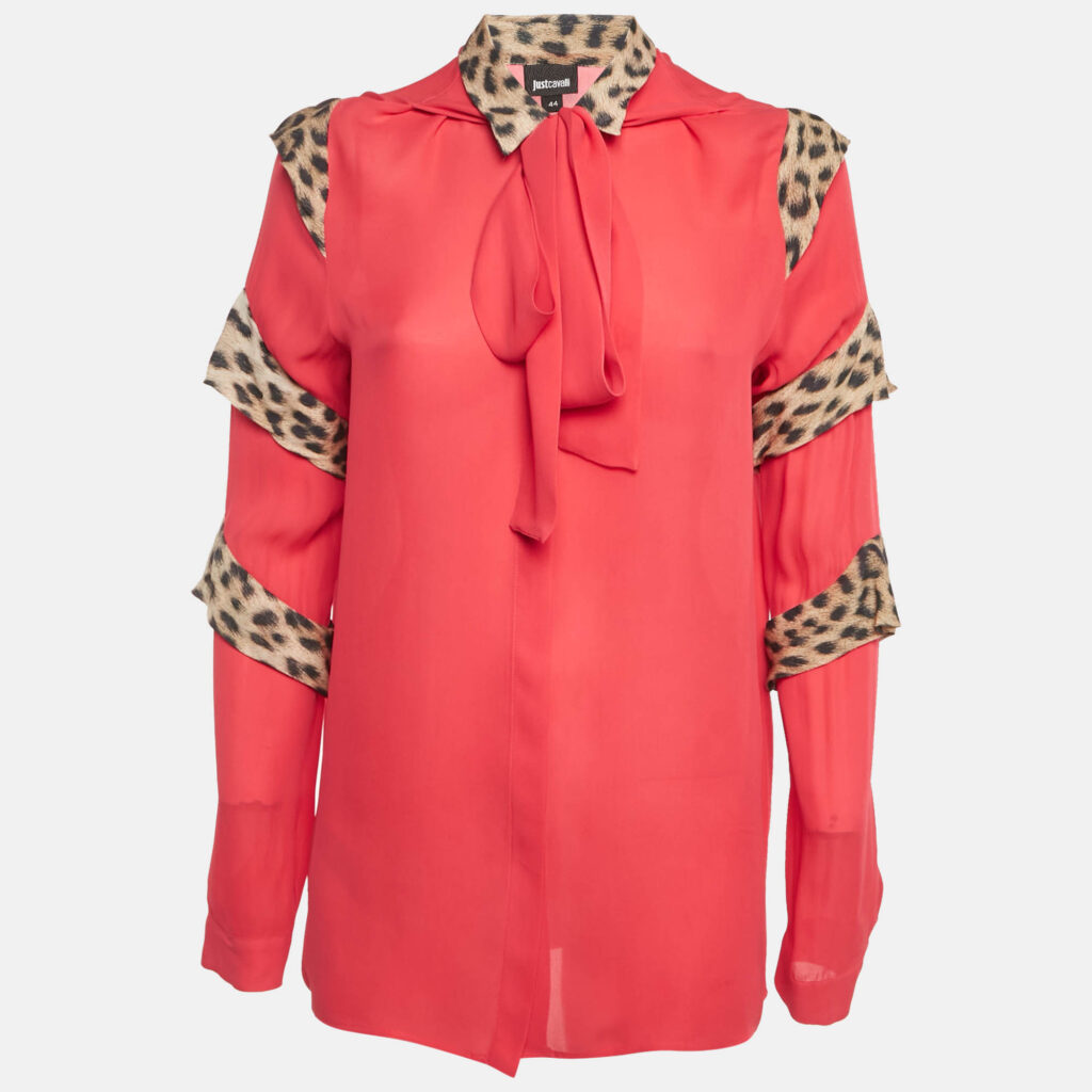 Just Cavalli Pink Animal Print Ruffle Detail Silk Blouse M Just Cavalli Pink Animal Print Ruffle Detail Silk Blouse M