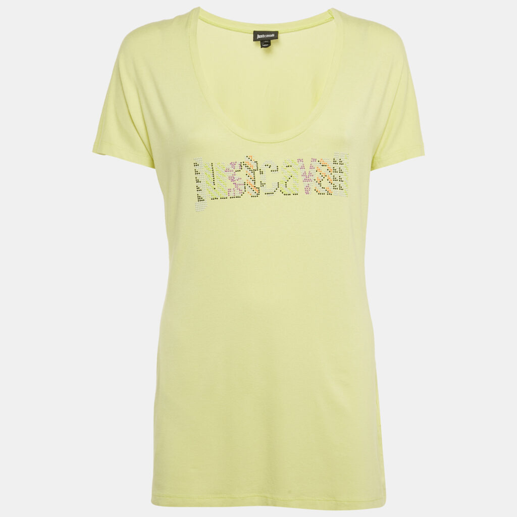 Just Cavalli Lime Green Logo Embellished Jersey Round Neck T-Shirt XL Just Cavalli Lime Green Logo Embellished Jersey Round Neck T-Shirt XL