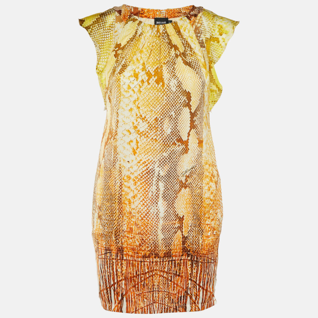 Just Cavalli Yellow Snakeskin Printed Georgette Mini Dress S