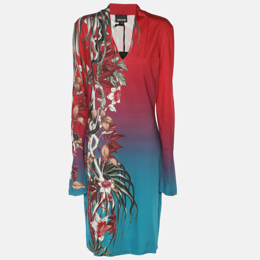 Just Cavalli Red Multicolor Printed Stretch Satin Long Sleeve V Neck Midi Dress L