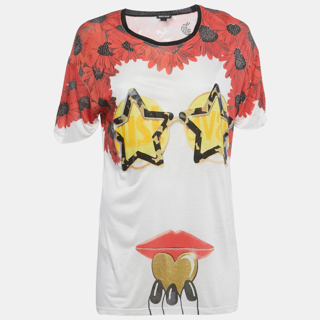 Just Cavalli White Printed Embellished Jersey T-Shirt M Just Cavalli White Printed Embellished Jersey T-Shirt M