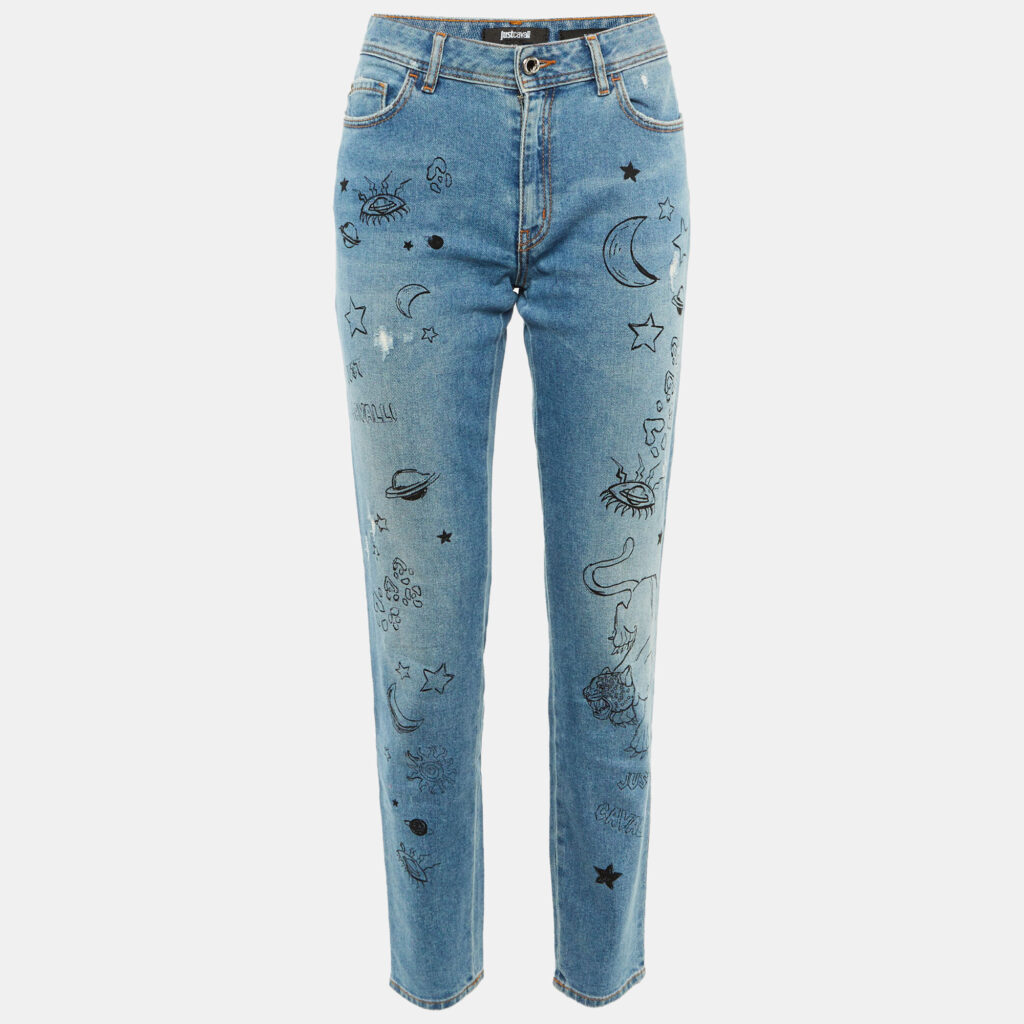 Just Cavalli Blue Doodle Print Denim Slim Fit Jeans M/Waist 30" Just Cavalli Blue Doodle Print Denim Slim Fit Jeans M/Waist 30"