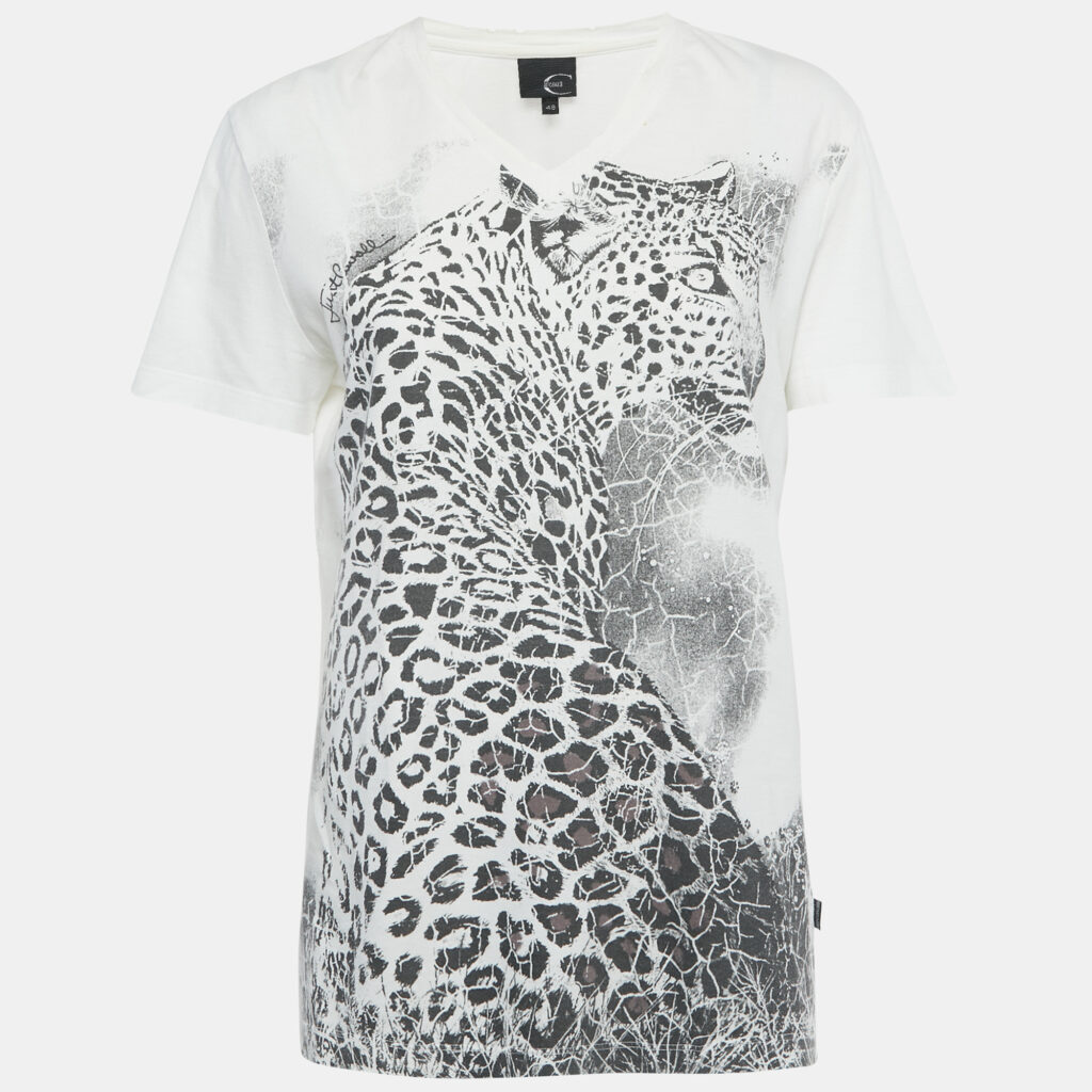 luxury-women-just-cavalli-used-clothes-p1228782-005-1.jpg Just Cavalli White Printed Cotton Distressed V-Neck T-Shirt L