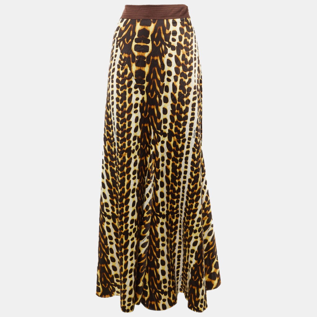 Just Cavalli Brown Animal Print Satin Maxi Skirt L