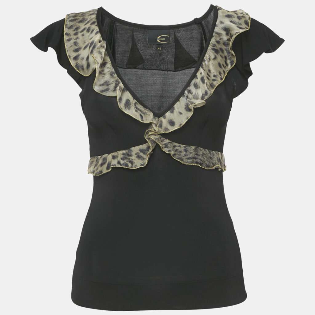 Just Cavalli Black Animal Print Frill Detail Jersey Top XS