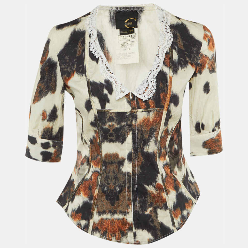 Just Cavalli Brown Animal Print Cotton Lace Detail Top M