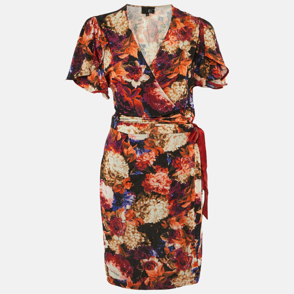 Just Cavalli Multicolor Floral Print Jersey Wrap Around Mini Dress L Just Cavalli Multicolor Floral Print Jersey Wrap Around Mini Dress L