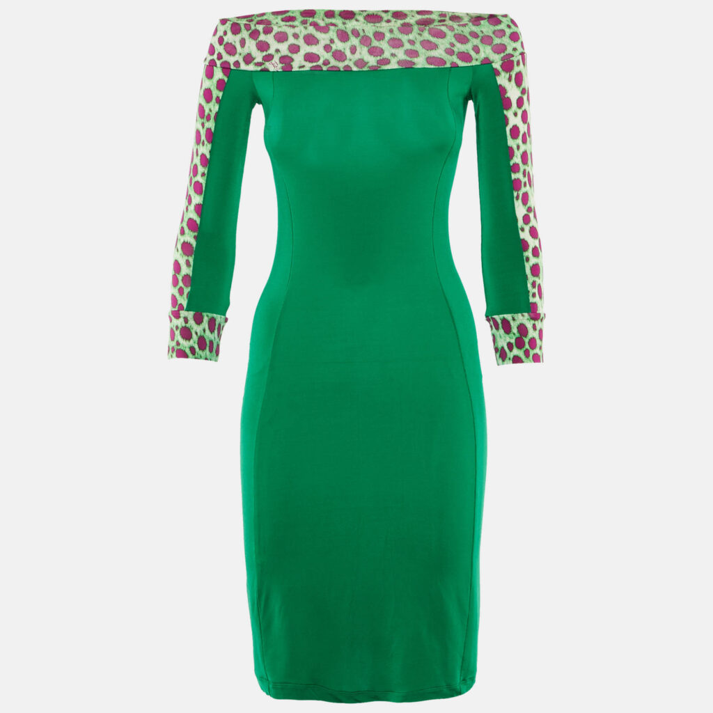Just Cavalli Green Printed Jersey Off Shoulder Mini Dress S Just Cavalli Green Printed Jersey Off Shoulder Mini Dress S