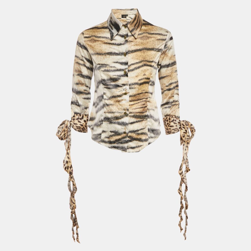 Just Cavalli Brown /Black Animal Print Satin Tie Up Sleeves S