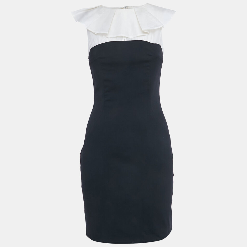 Just Cavalli Black/White Wool Ruffle Neck Mini Dress S Just Cavalli Black/White Wool Ruffle Neck Mini Dress S