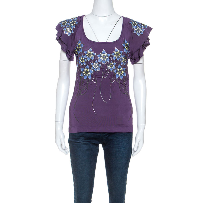 Just Cavalli Purple Stretch jersey Floral Embossed Detail Top M Just Cavalli Purple Stretch jersey Floral Embossed Detail Top M