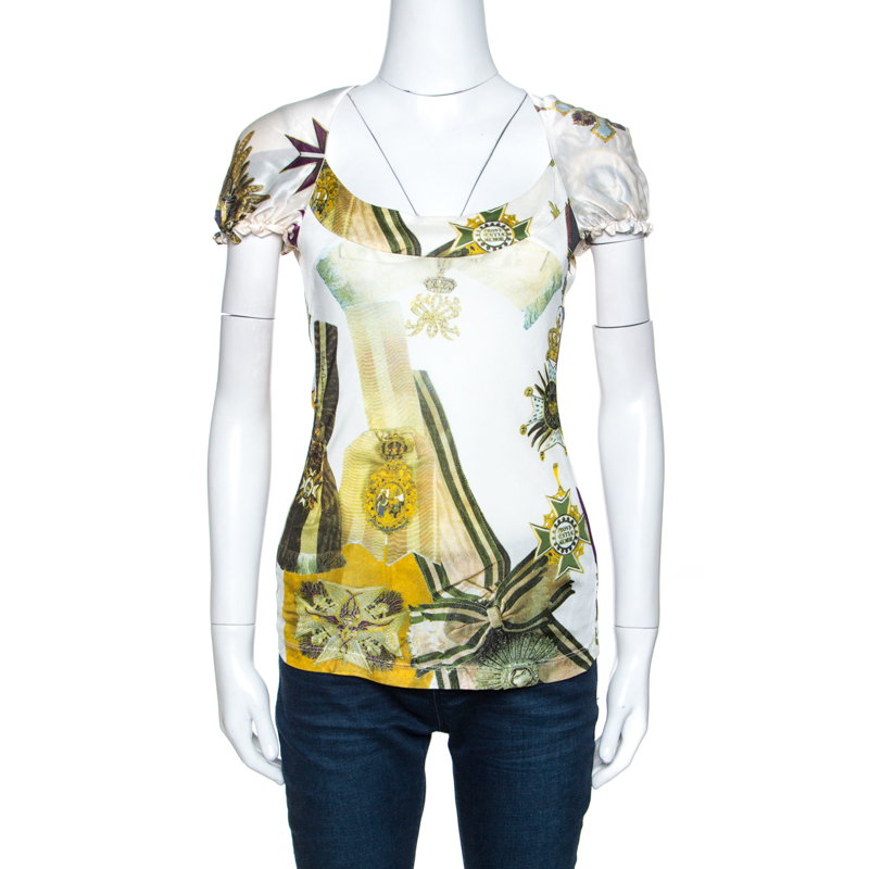 Just Cavalli Multicolor Printed Silk Neck Tie Detail Top M Just Cavalli Multicolor Printed Silk Neck Tie Detail Top M