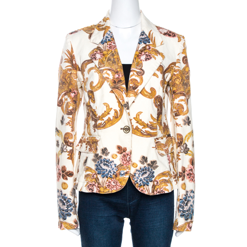 Just Cavalli Cream Floral Print Cotton Jacket M Just Cavalli Cream Floral Print Cotton Jacket M
