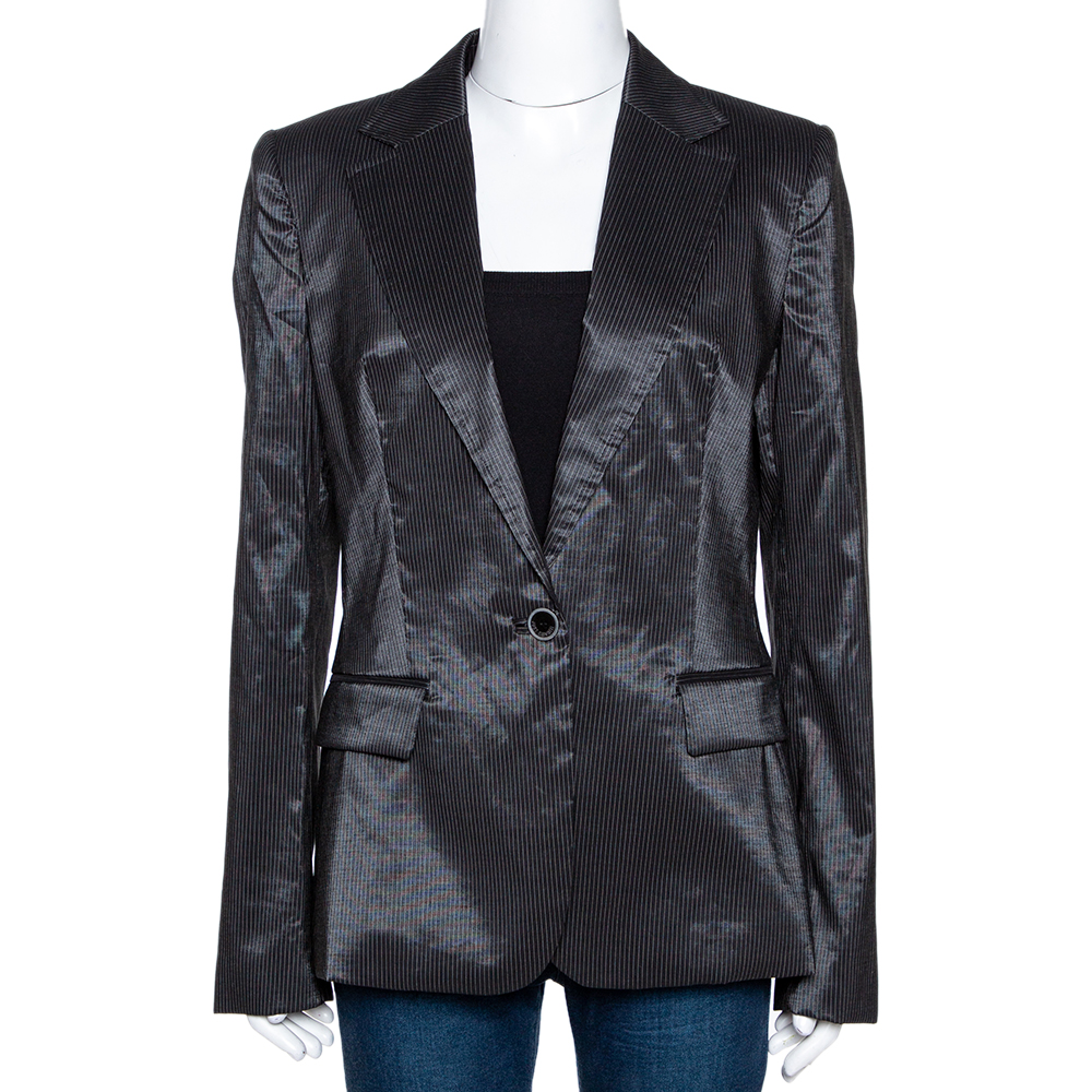 Just Cavalli Black Striped Cotton Ramie Blend Single Buttoned Blazer L Just Cavalli Black Striped Cotton Ramie Blend Single Buttoned Blazer L