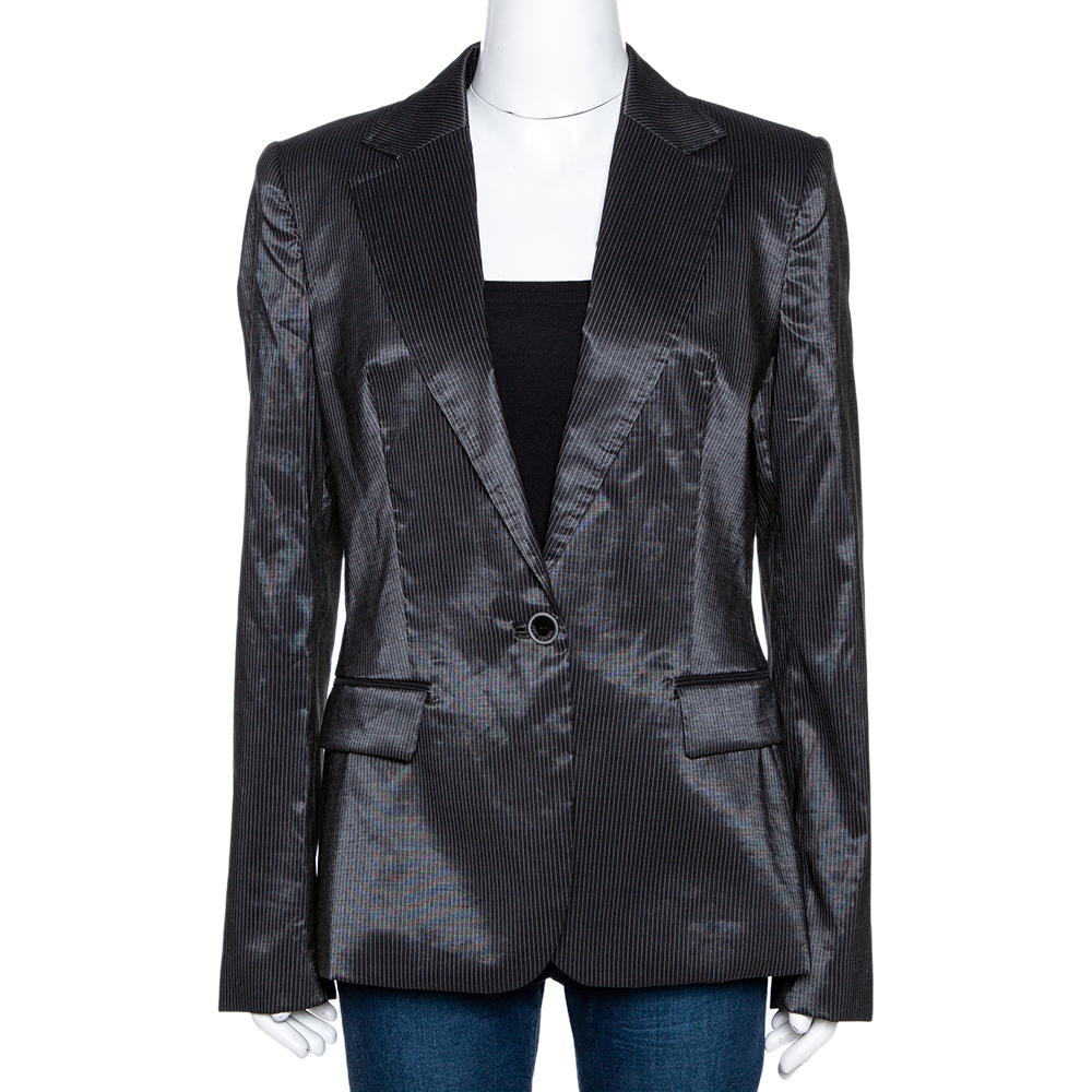 Just Cavalli Black Striped Cotton Ramie Blend Single Buttoned Blazer L Just Cavalli Black Striped Cotton Ramie Blend Single Buttoned Blazer L