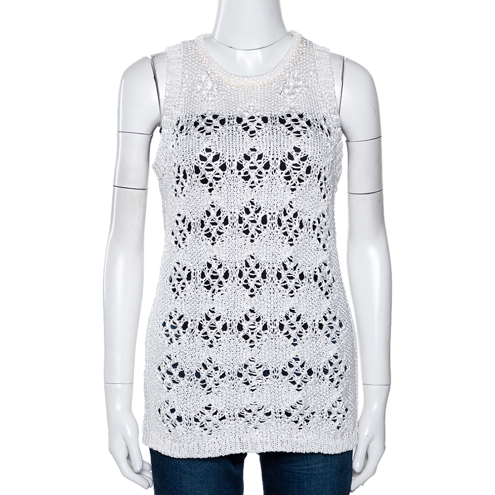 Just Cavalli White Cotton Open Crochet Knit Sleeveless Top M Just Cavalli White Cotton Open Crochet Knit Sleeveless Top M