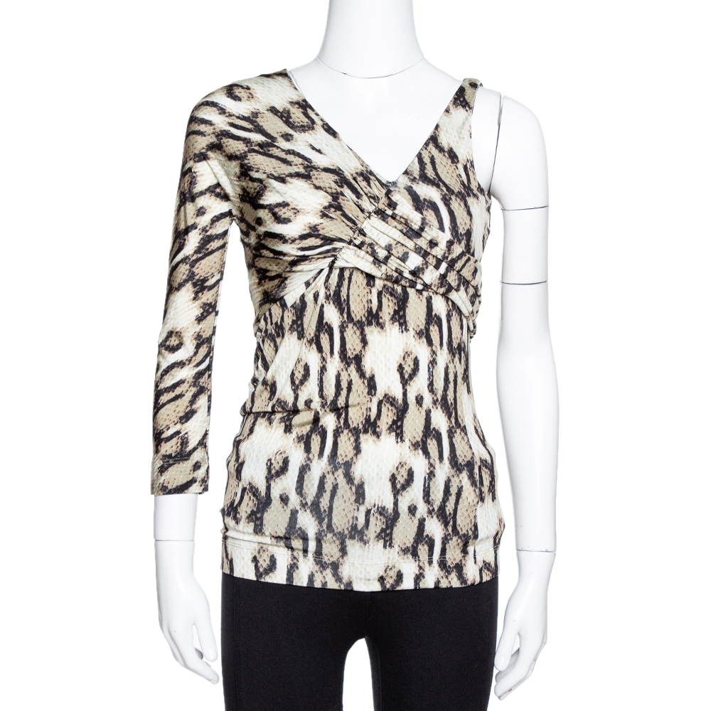Just Cavalli Khaki Snake Print Jersey Draped Asymmetrical Top M Just Cavalli Khaki Snake Print Jersey Draped Asymmetrical Top M