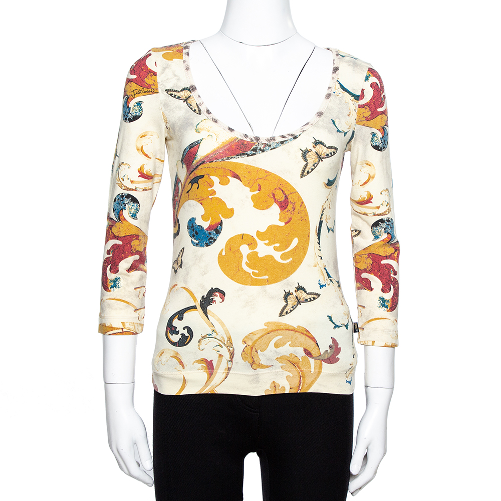 Just Cavalli Cream Butterfly Print Jersey Long Sleeves Top S Just Cavalli Cream Butterfly Print Jersey Long Sleeves Top S
