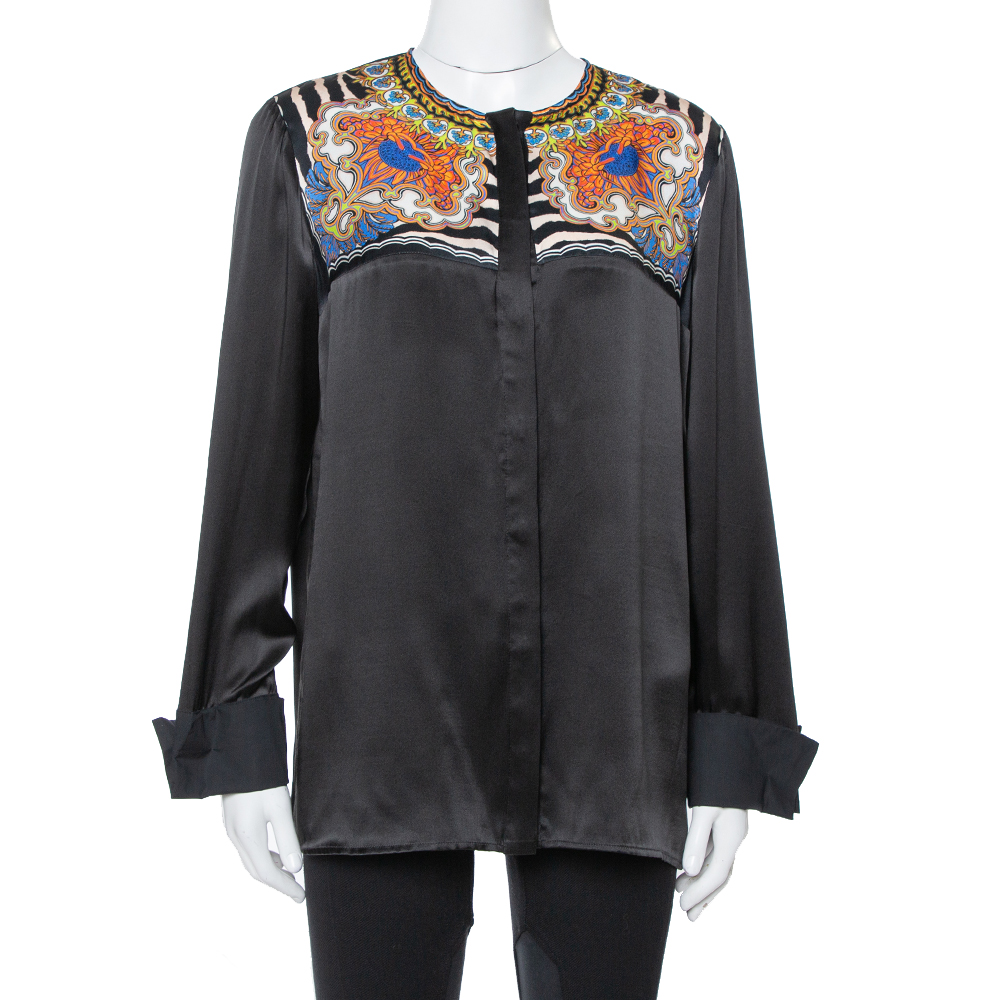 Just Cavalli Black Silk Printed Yoke Detail Long Sleeve Top M Just Cavalli Black Silk Printed Yoke Detail Long Sleeve Top M