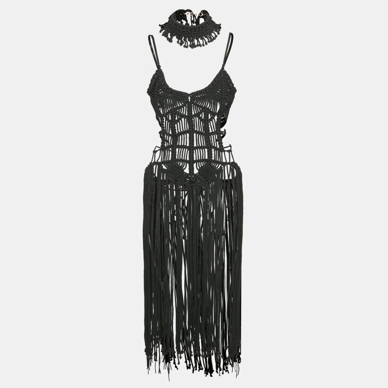 Karima Black Macrame Hand-Crafted Midi Dress M Karima Black Macrame Hand-Crafted Midi Dress M