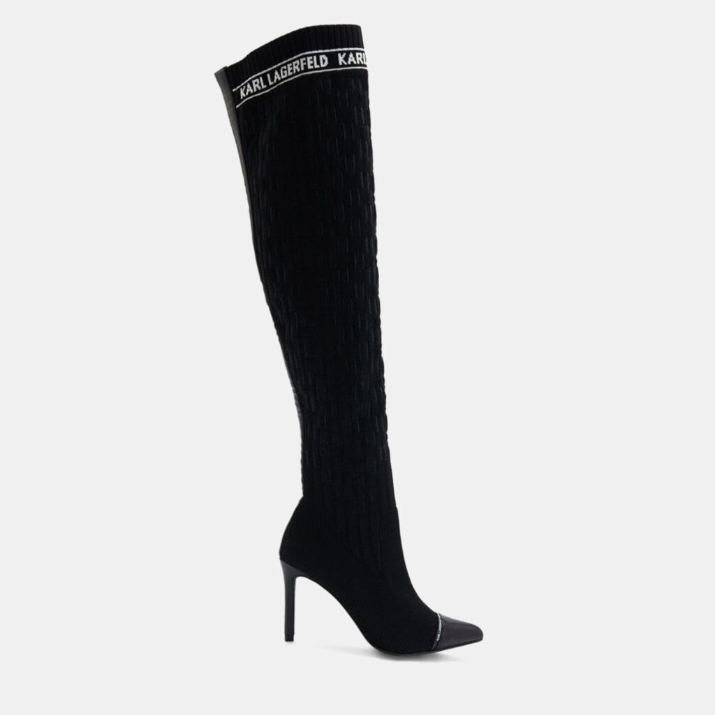 Karl Lagerfield Pandora Monogram Ribbed Kneeblack Knit Textile Black Leather Boots