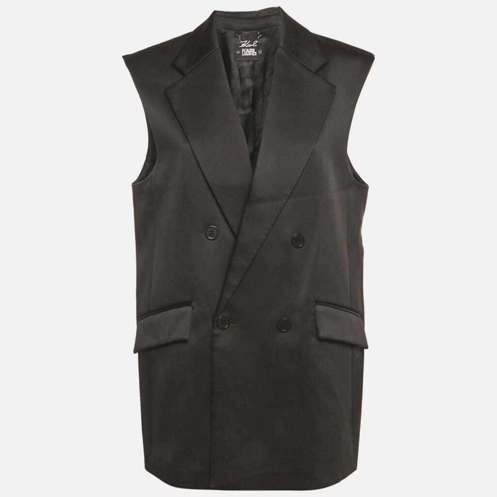 Karl Lagerfeld Black Satin Pleats Detail Tailored Gilet M