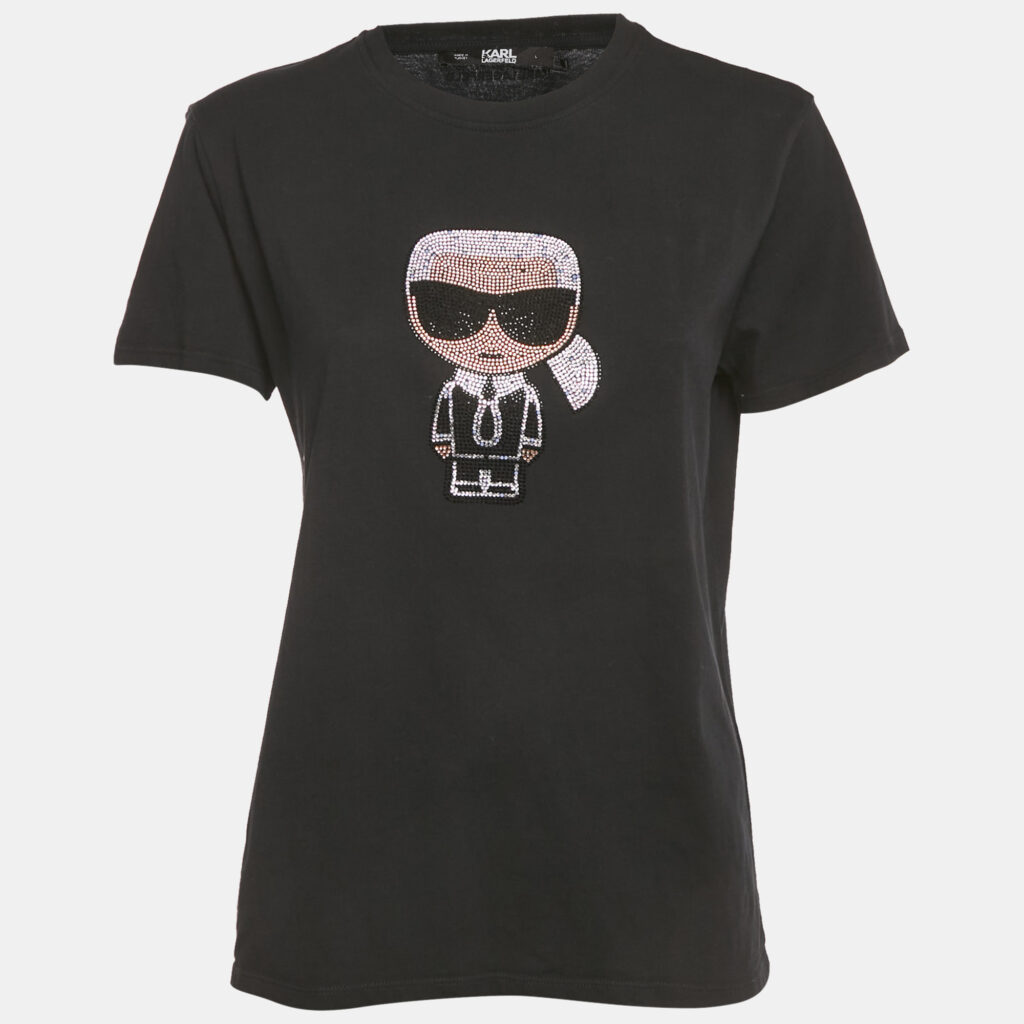 Karl Lagerfeld Black Ikonik Rhinestone Embellished Cotton T-Shirt L