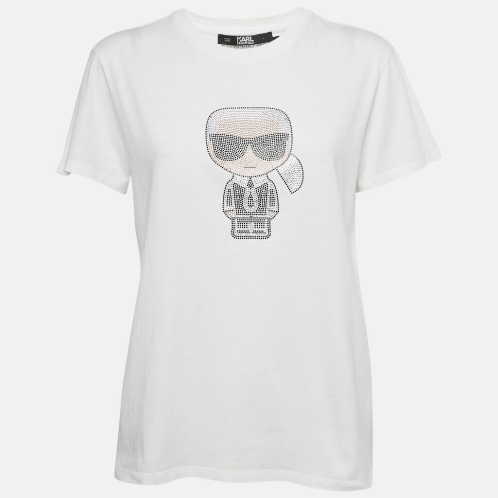 Karl Lagerfeld White Ikonik Studded Cotton Crew Neck T-Shirt L Karl Lagerfeld White Ikonik Studded Cotton Crew Neck T-Shirt L