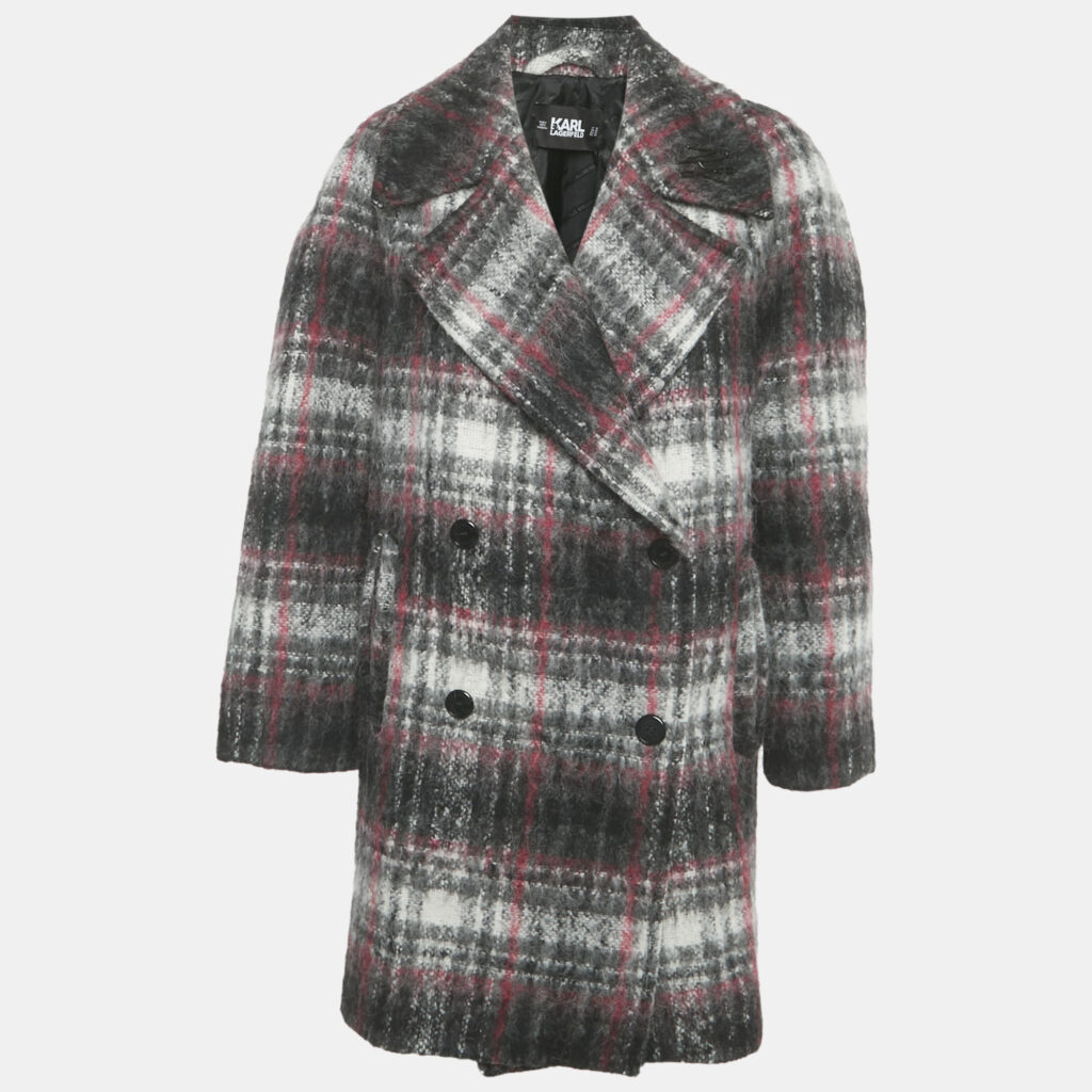 Karl Lagerfeld Grey/Pink Check Wool Tailored Coat S Karl Lagerfeld Grey/Pink Check Wool Tailored Coat S