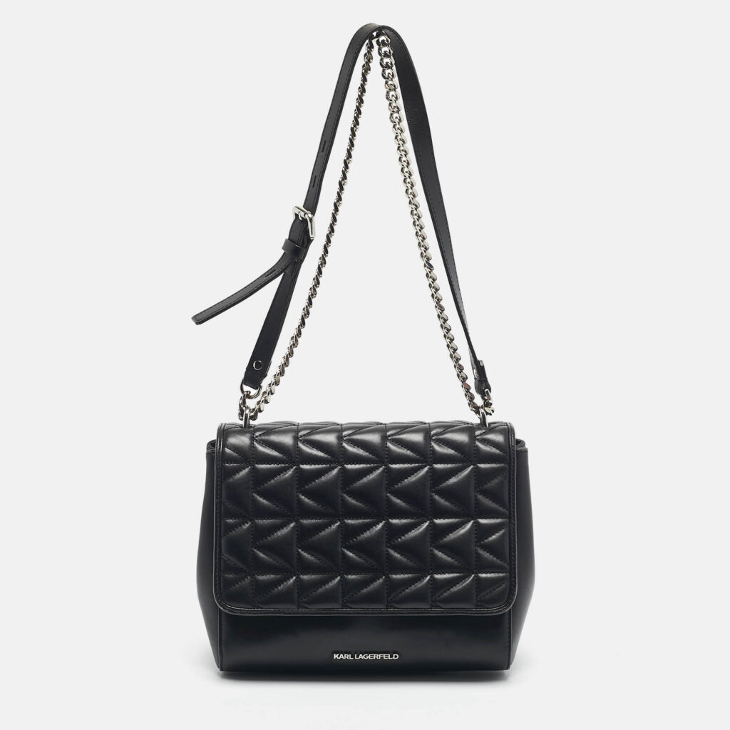 Karl Lagerfeld Black Leather K/Kuilted Flap Shoulder Bag Karl Lagerfeld Black Leather K/Kuilted Flap Shoulder Bag