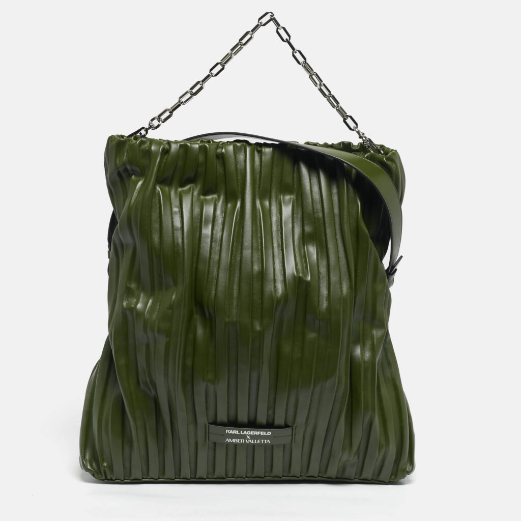 Karl Lagerfeld x Amber Valletta Green Pleated Faux Leather K/Kushion Fold Over Shoulder Bag