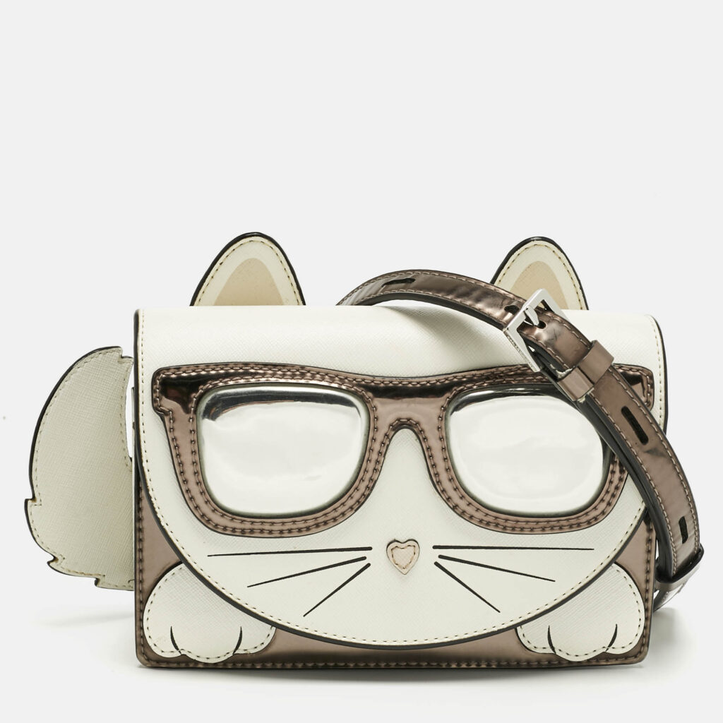 Karl Lagerfeld White/Grey Patent and Leather Ikonik Choupette Crossbody Bag Karl Lagerfeld White/Grey Patent and Leather Ikonik Choupette Crossbody Bag