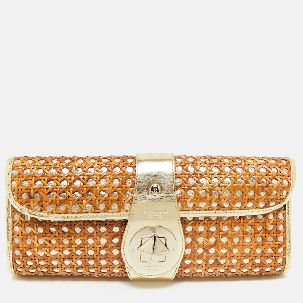 Kate Spade Gold/Brown Rattan and Rattan Turnlock Flap Clutch Kate Spade Gold/Brown Rattan and Rattan Turnlock Flap Clutch