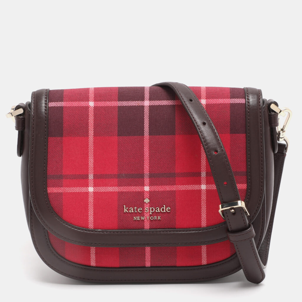 Kate Spade Red/Brown Canvas and Leather Blake Plaid Crossbody Bag Kate Spade Red/Brown Canvas and Leather Blake Plaid Crossbody Bag