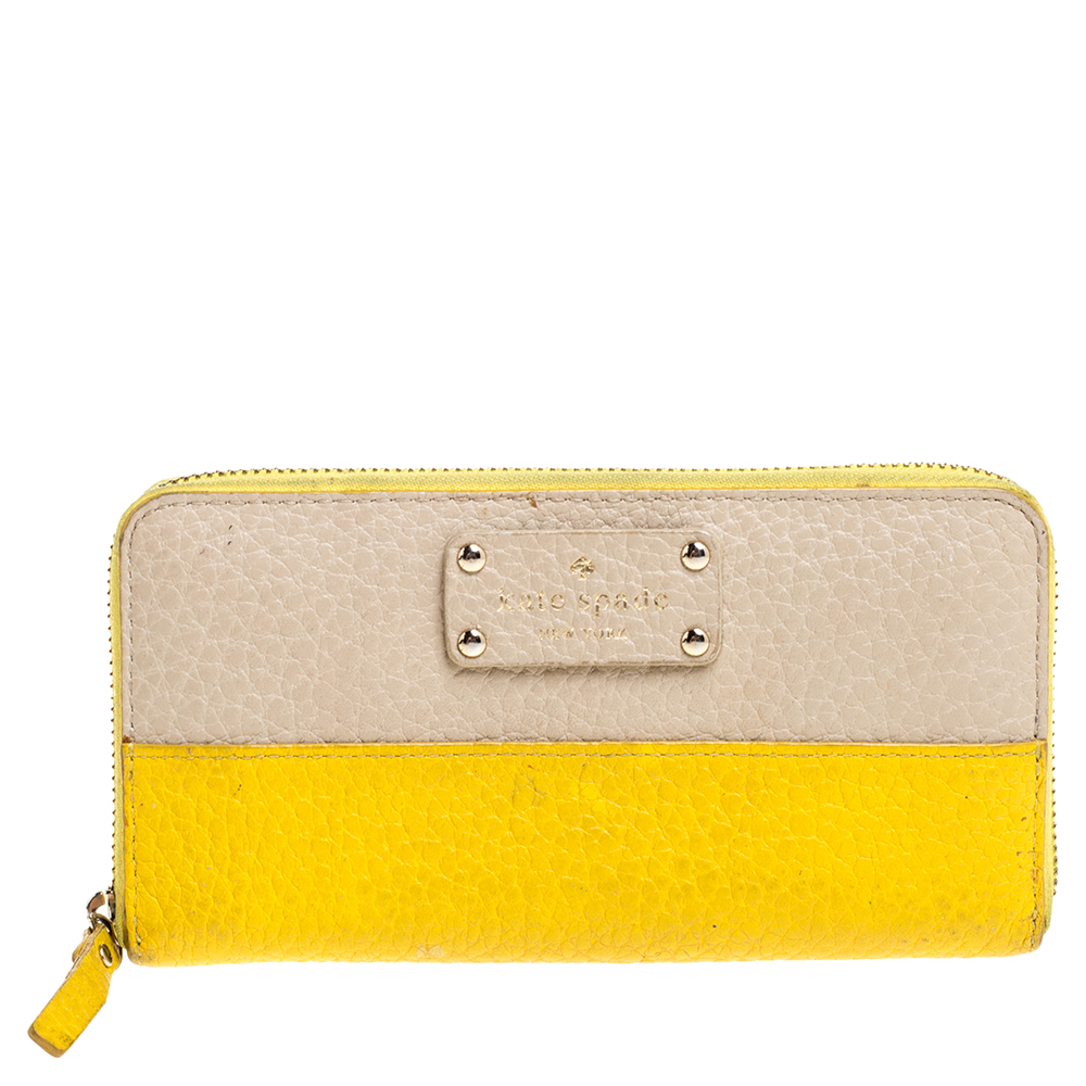 Kate Spade Yellow/Beige Leather Grove Court Lacey Zip Around Wallet Kate Spade Yellow/Beige Leather Grove Court Lacey Zip Around Wallet