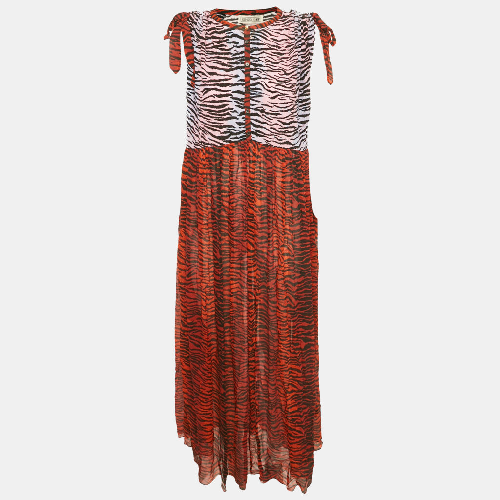 Kenzo Burgundy Animal Printed SIlk Chiffon Paneled Oversized Maxi Dress S Kenzo Burgundy Animal Printed SIlk Chiffon Paneled Oversized Maxi Dress S