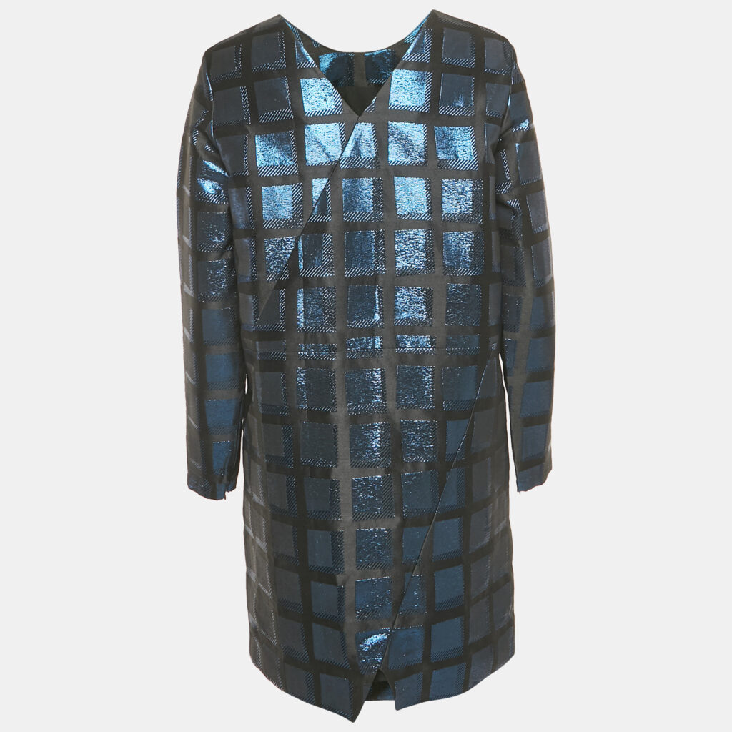 Kenzo Blue Square Lurex V-Neck Shift Dress L Kenzo Blue Square Lurex V-Neck Shift Dress L