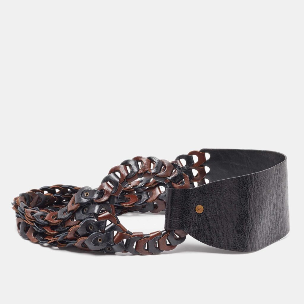 Kenzo Brown/Black Link Leather Round Buckle Waist Belt Kenzo Brown/Black Link Leather Round Buckle Waist Belt