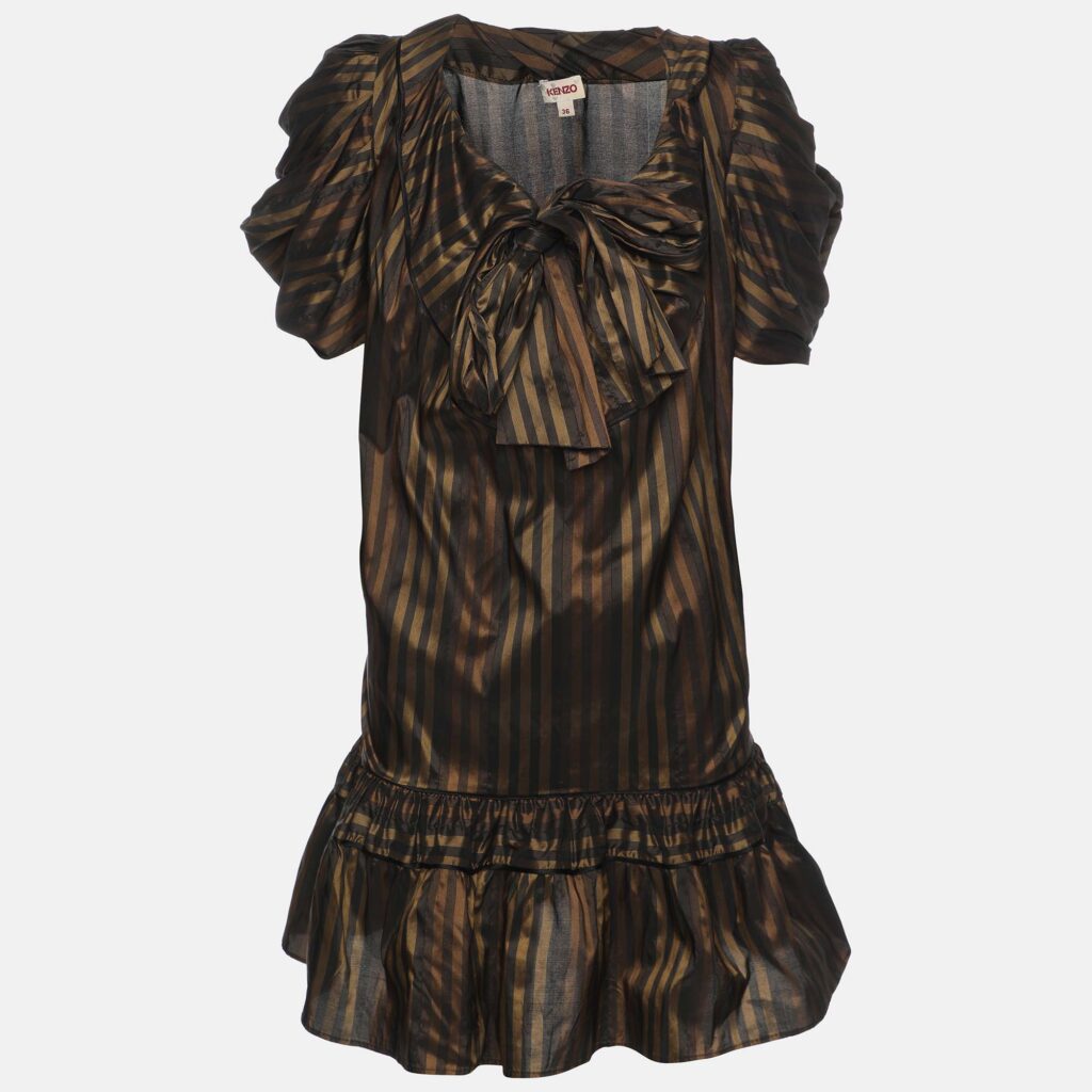 Kenzo Brown Striped Silk Blend Bow Detail Ruffled Blouse S Kenzo Brown Striped Silk Blend Bow Detail Ruffled Blouse S