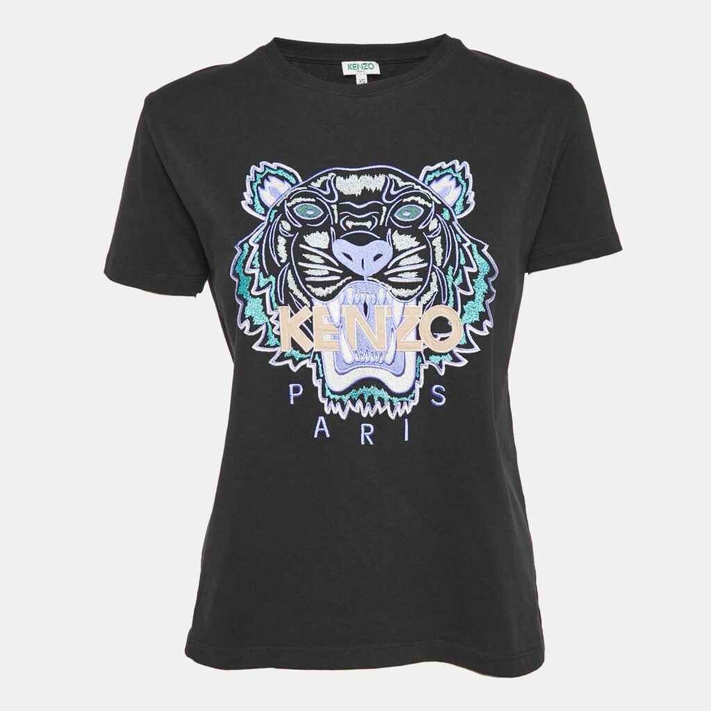 Kenzo Black Tiger Logo Embroidered Cotton Knit T-Shirt XS
