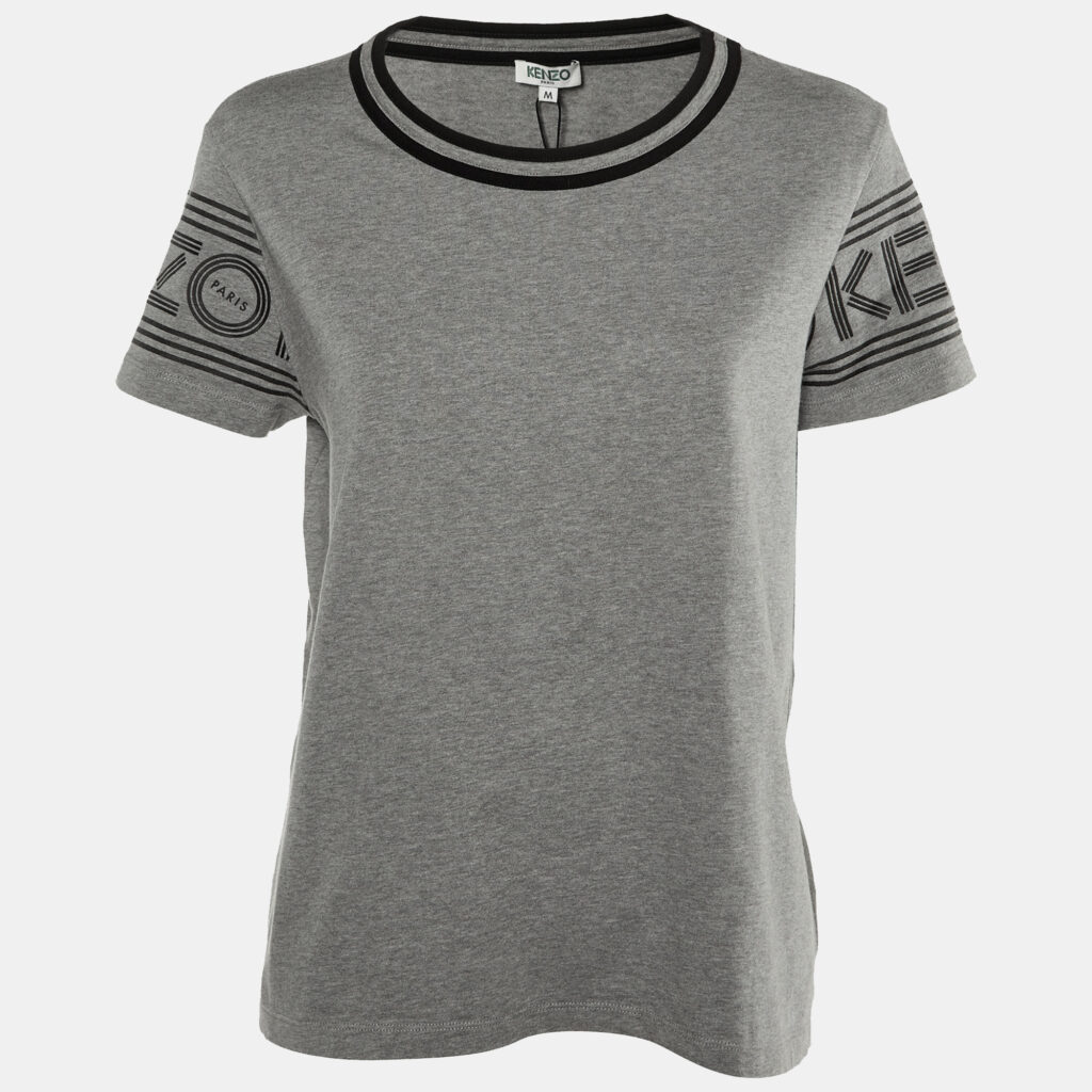 Kenzo Grey/Black Logo Cotton Printed Sleeve Round Neck T-Shirt M Kenzo Grey/Black Logo Cotton Printed Sleeve Round Neck T-Shirt M