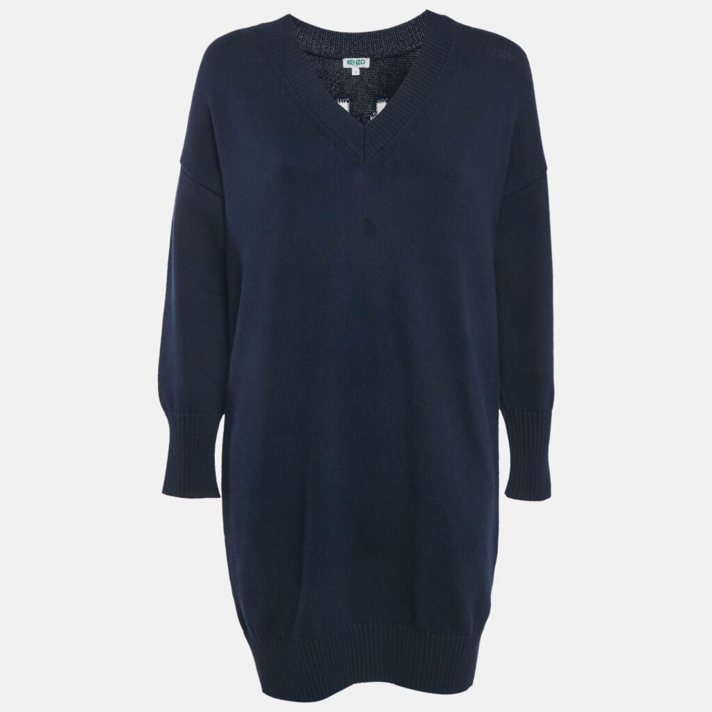 Kenzo Navy Blue Logo Intarsia Rib Knit Mini Sweater Dress S Kenzo Navy Blue Logo Intarsia Rib Knit Mini Sweater Dress S