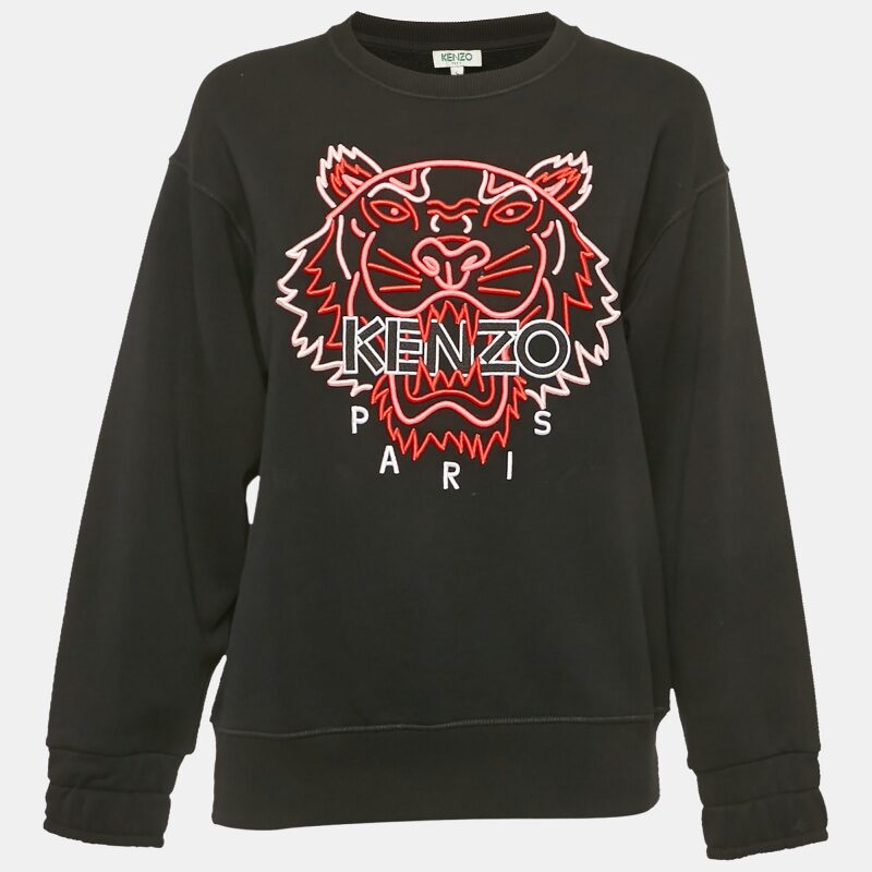 Kenzo Black Tiger Embroidered Cotton Crew Neck Sweatshirt S Kenzo Black Tiger Embroidered Cotton Crew Neck Sweatshirt S