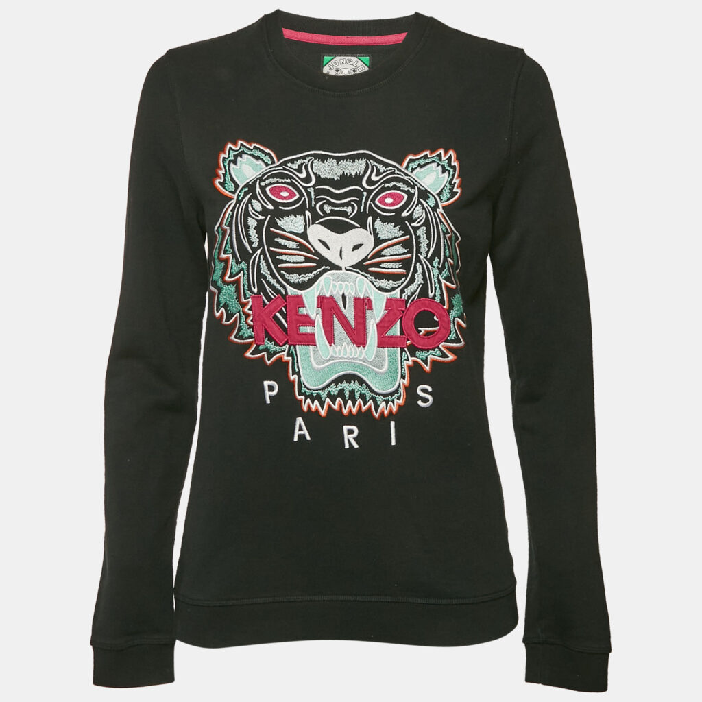 Kenzo Black Tiger Logo Embroidered Cotton Knit Sweatshirt M Kenzo Black Tiger Logo Embroidered Cotton Knit Sweatshirt M